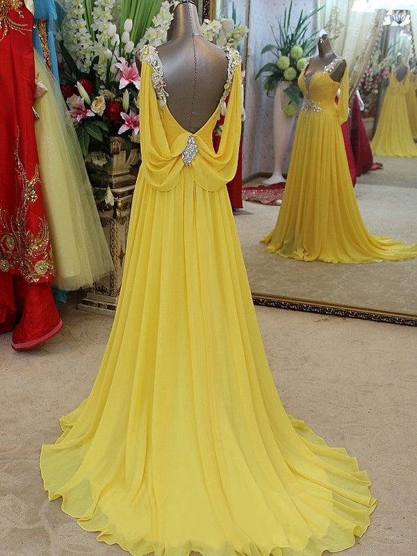 A-Line/Elegant Straps Sleeveless Beading Chiffon Prom Dresses