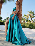 A-Line/Elegant Straps Sleeveless Ruffles Silk like Satin Prom Dresses