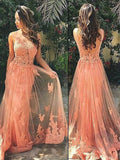 A-Line/Elegant Straps Sleeveless Tulle Applique Prom Dresses