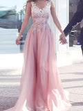 A-Line/Elegant Sweetheart Sleeveless Floor-Length Applique Chiffon Prom Dresses