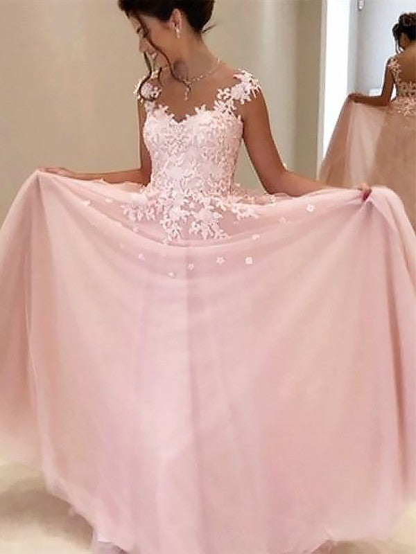 A-Line/Elegant Sweetheart Sleeveless Floor-Length Applique Tulle Prom Dresses