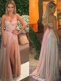 A-Line/Elegant Sweetheart Sleeveless Floor-Length Lace Chiffon Prom Dresses