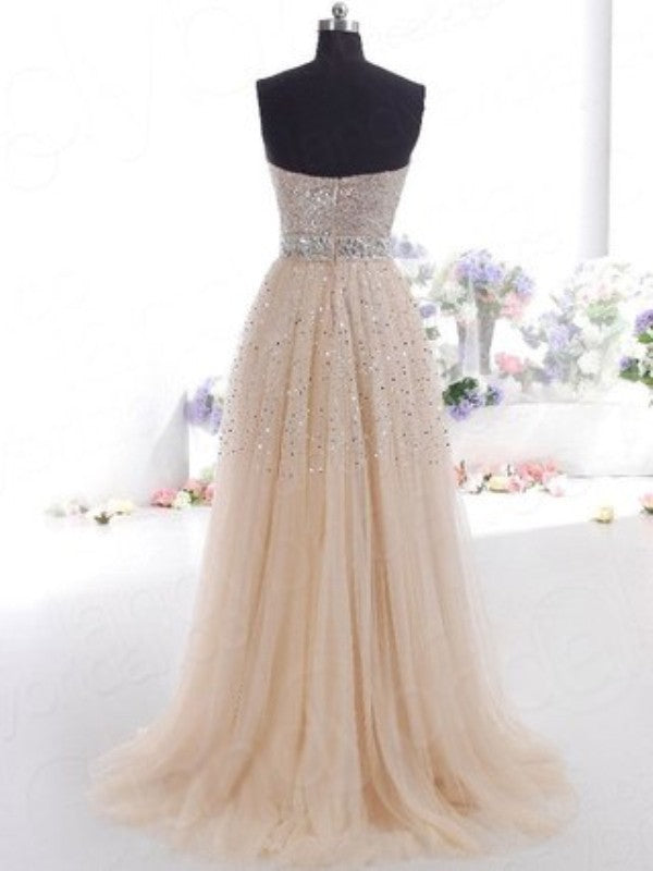 A-Line/Elegant Sweetheart Tulle Sleeveless Prom Dresses