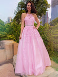 A-Line/Elegant Tulle Applique Halter Sleeveless Floor-Length Prom Dresses