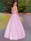A-Line/Elegant Tulle Applique Halter Sleeveless Floor-Length Prom Dresses