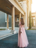 A-Line/Elegant Tulle Applique Long Sleeves V-neck Floor-Length Prom Dresses