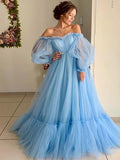 A-Line/Elegant Tulle Applique Off-the-Shoulder Long Sleeves Floor-Length Prom Dresses
