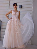 A-Line/Elegant Tulle Applique Scoop Sleeveless Prom Dresses