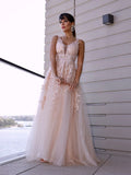 A-Line/Elegant Tulle Applique Scoop Sleeveless Prom Dresses
