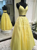 A-Line/Elegant Tulle Applique Sleeveless V-neck Floor-Length Two Piece Prom Dresses