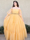 A-Line/Elegant Tulle Beading Off-the-Shoulder Long Sleeves Floor-Length Prom Dresses