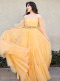 A-Line/Elegant Tulle Beading Off-the-Shoulder Long Sleeves Floor-Length Prom Dresses