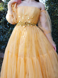 A-Line/Elegant Tulle Beading Off-the-Shoulder Long Sleeves Floor-Length Prom Dresses