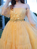 A-Line/Elegant Tulle Beading Off-the-Shoulder Long Sleeves Floor-Length Prom Dresses