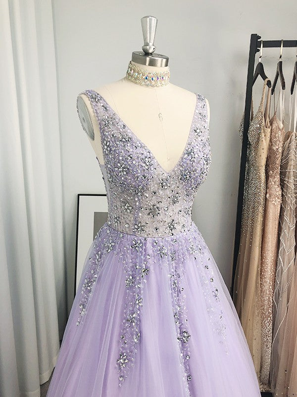 A-Line/Elegant Tulle Beading V-neck Sleeveless Floor-Length Prom Dresses