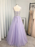 A-Line/Elegant Tulle Beading V-neck Sleeveless Floor-Length Prom Dresses