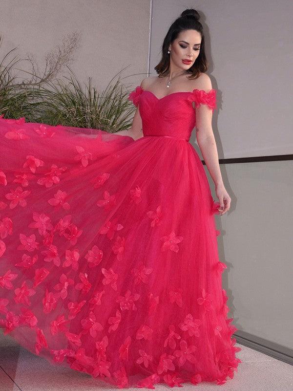 A-Line/Elegant Tulle Hand-Made Flower Off-the-Shoulder Sleeveless Floor-Length Prom Dresses