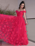 A-Line/Elegant Tulle Hand-Made Flower Off-the-Shoulder Sleeveless Floor-Length Prom Dresses
