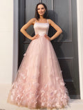 A-Line/Elegant Tulle Hand-Made Flower Straps Floor-Length Sleeveless Prom Dresses