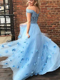 A-Line/Elegant Tulle Off-the-Shoulder Applique Sleeveless Floor-Length Prom Dresses