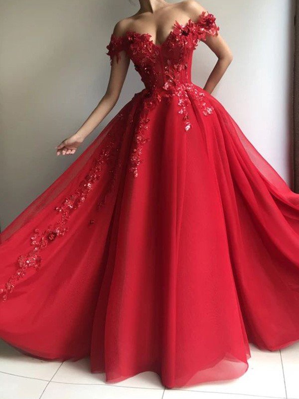 A-Line/Elegant Tulle Off-the-Shoulder Sleeveless Applique Floor-Length Prom Dresses