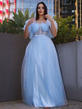 A-Line/Elegant Tulle Ruffles Square Short Sleeves Floor-Length Prom Dresses