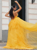 A-Line/Elegant Tulle Ruffles V-neck Sleeveless Asymmetrical Prom Dresses