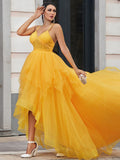 A-Line/Elegant Tulle Ruffles V-neck Sleeveless Asymmetrical Prom Dresses