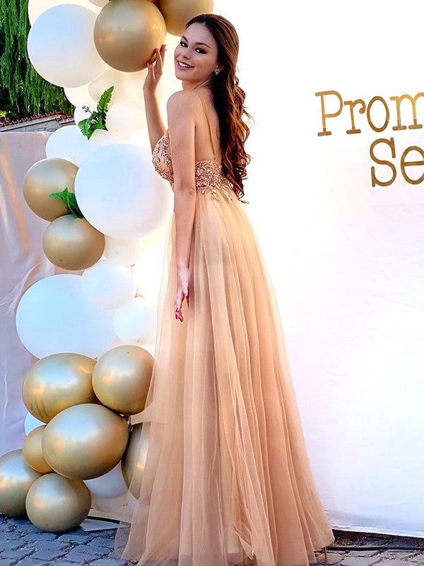 A-Line/Elegant Tulle Spaghetti Straps Sleeveless Beading Floor-Length Prom Dresses