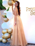 A-Line/Elegant Tulle Spaghetti Straps Sleeveless Beading Floor-Length Prom Dresses