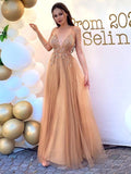 A-Line/Elegant Tulle Spaghetti Straps Sleeveless Beading Floor-Length Prom Dresses
