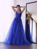 A-Line/Elegant Tulle V-neck Sleeveless Applique Prom Dresses