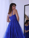 A-Line/Elegant Tulle V-neck Sleeveless Applique Prom Dresses