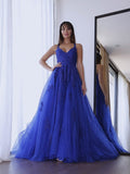 A-Line/Elegant Tulle V-neck Sleeveless Applique Prom Dresses