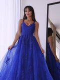 A-Line/Elegant Tulle V-neck Sleeveless Applique Prom Dresses