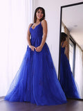 A-Line/Elegant Tulle V-neck Sleeveless Applique Prom Dresses