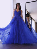 A-Line/Elegant Tulle V-neck Sleeveless Applique Prom Dresses