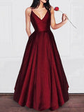 A-Line/Elegant V-neck Floor-Length Ruffles Satin Prom Dresses