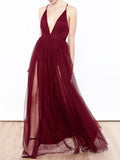 A-Line/Elegant V-neck Floor-Length Ruffles Tulle Prom Dresses