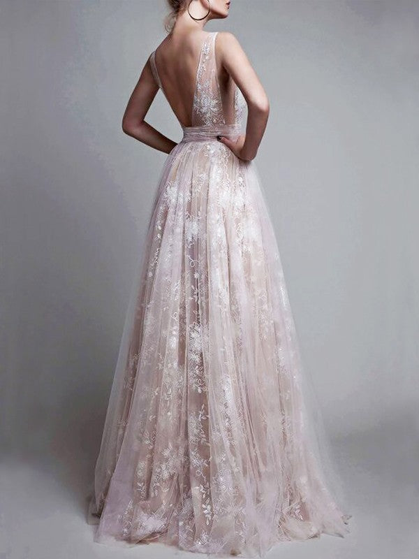 A-Line/Elegant V-neck Floor-Length Tulle Sleeveless Applique Prom Dresses