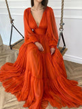 A-Line/Elegant V-neck Long Sleeves 3D Chiffon Ruffles Prom Dresses