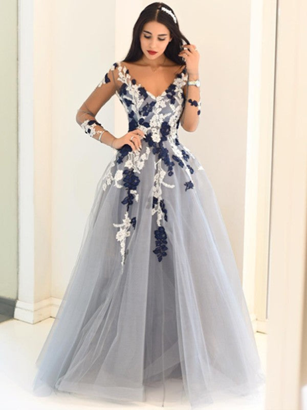 A-Line/Elegant V-Neck Long Sleeves Applique Tulle Floor-Length Prom Dresses