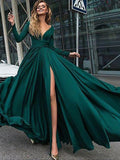 A-Line/Elegant V-Neck Long Sleeves Floor-Length Ruffles Satin Chiffon Prom Dresses