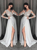 A-Line/Elegant V-neck Long Sleeves Lace Chiffon Prom Dresses