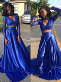 A-Line/Elegant V-neck Long Sleeves Lace Satin Two Piece Prom Dresses