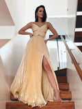 A-Line/Elegant V-neck Organza Ruffles Sleeveless Prom Dresses