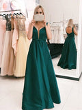 A-Line/Elegant V-neck Ruffles Satin Prom Dresses