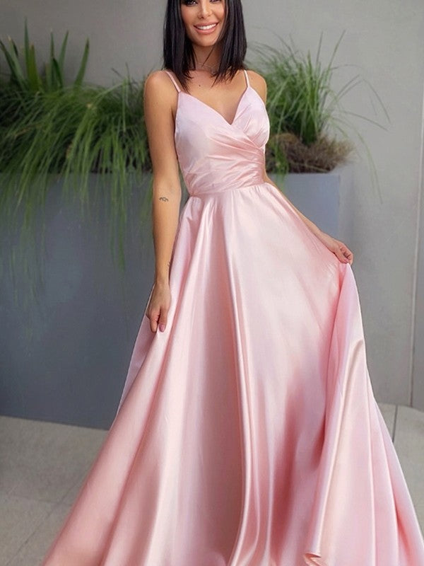 A-Line/Elegant V-neck Satin Ruched Sleeveless Floor-Length Prom Dresses