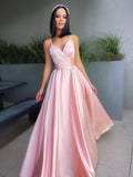 A-Line/Elegant V-neck Satin Ruched Sleeveless Floor-Length Prom Dresses