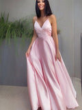 A-Line/Elegant V-neck Satin Ruched Sleeveless Floor-Length Prom Dresses